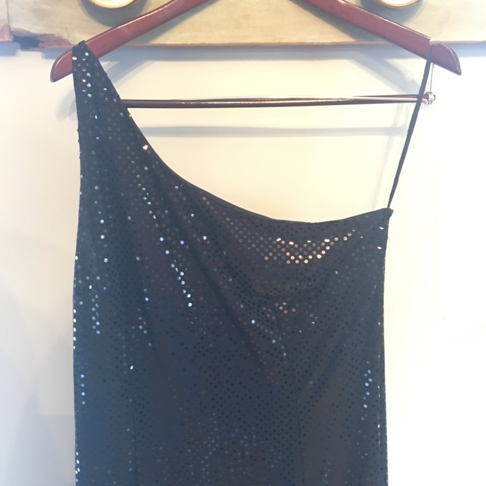 Black sequined one shoulder dress